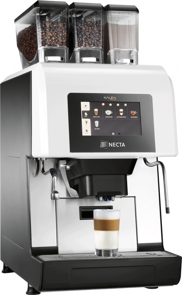 Necta Kalea Kaffeevollautomat mit Touchscreen-Display und drei Bohnenbehältern, bereitet Latte Macchiato zu