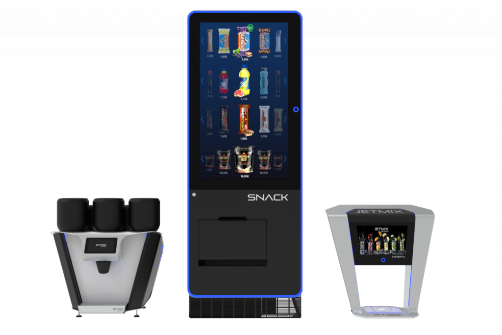 Drei Jetmix Automaten: Kaffeemaschine, Snackautomat mit Riegeln und Getränken, kompakter Getränkespender