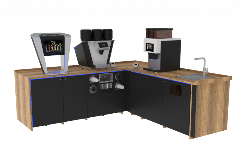 Modernes Jetmix Tresensystem mit Kaffeemaschine, Getränkeautomaten und Spüle in Holzoptik mit schwarzer Front
