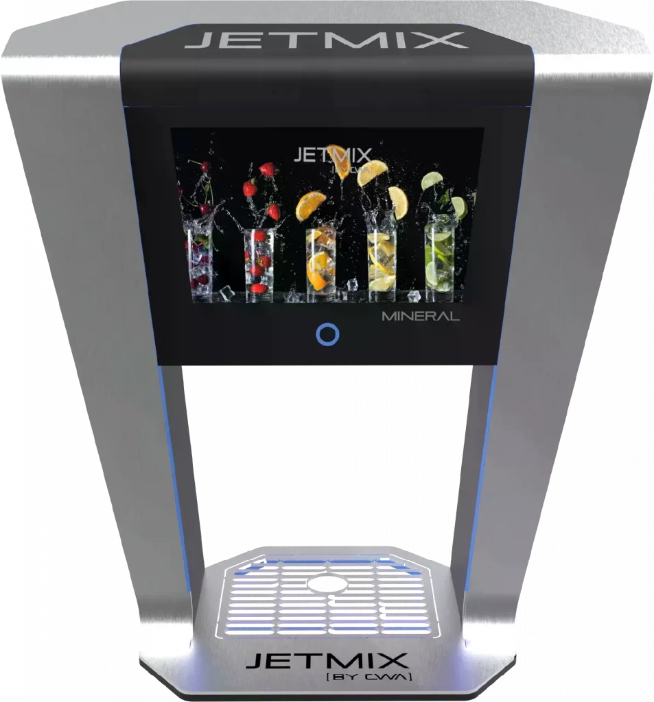 Jetmix Mineral Wasserspender mit Display zeigt fünf Gläser mit Fruchtgetränken und Eiswürfeln im Spritzwasser